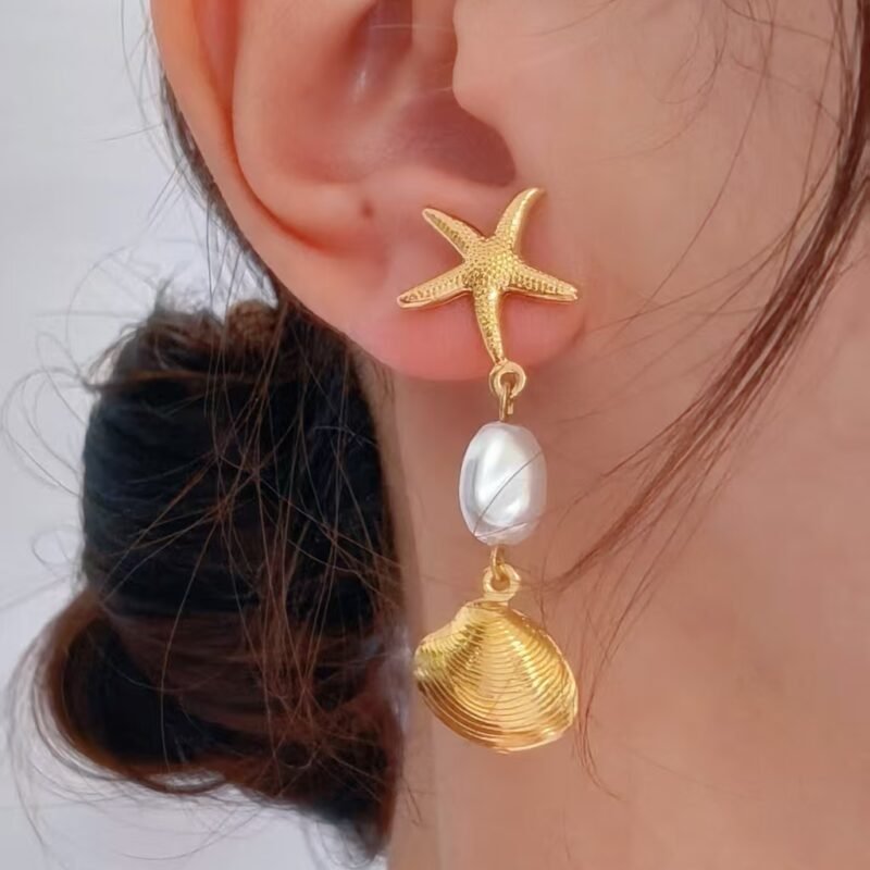 Golden Pearl Seashell & Starfish Drop Earrings