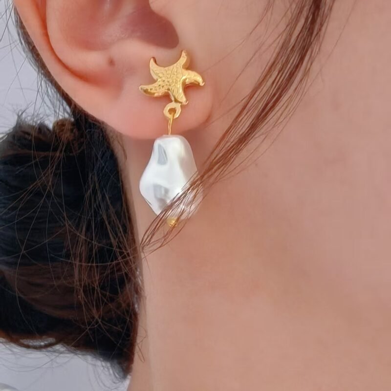 Golden Starfish Baroque Pearl Drop Earrings