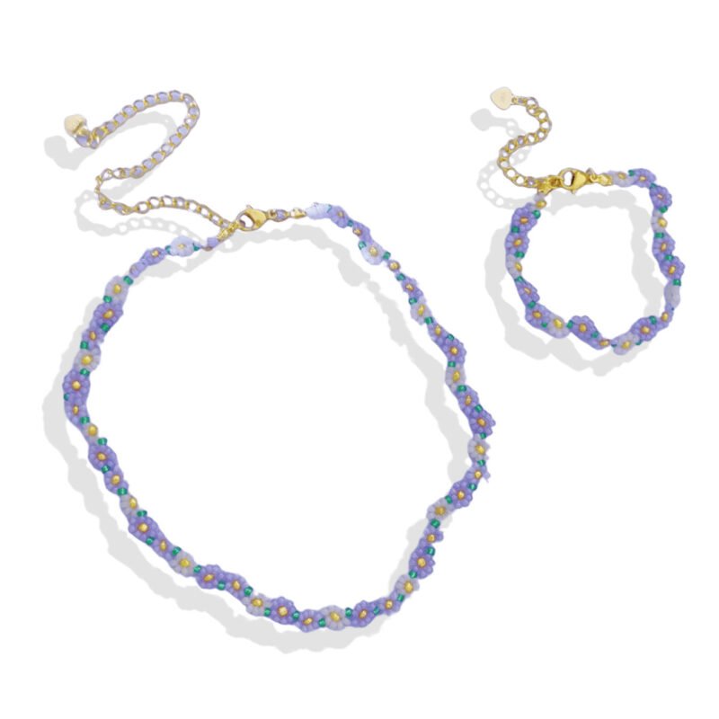 Lavender Daisy Beaded Choker & Bracelet Set