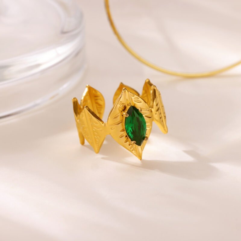 Leaf Halo Emerald Cuff Ring