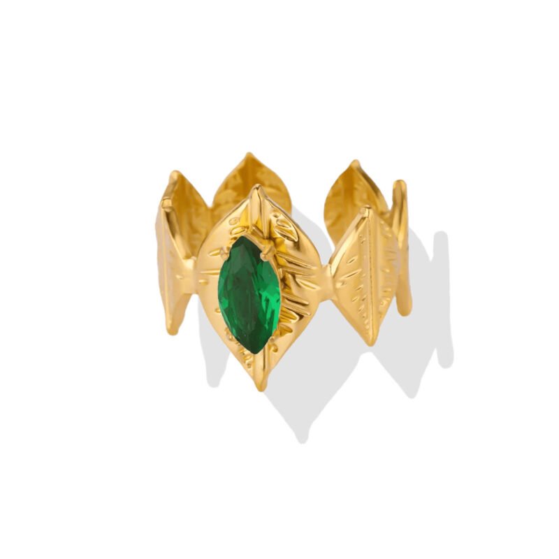 Leaf Halo Emerald Cuff Ring