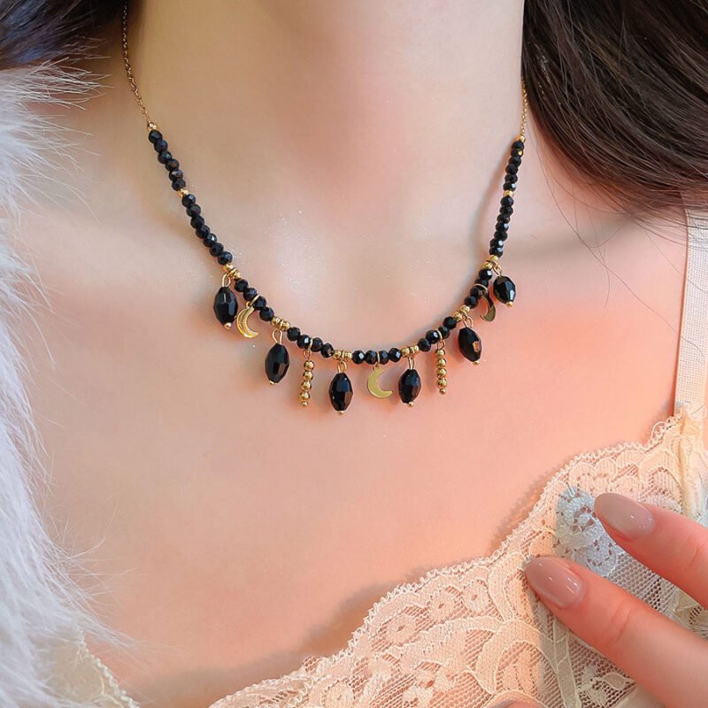 Midnight Fringe Black Crystal Bead Choker Necklace