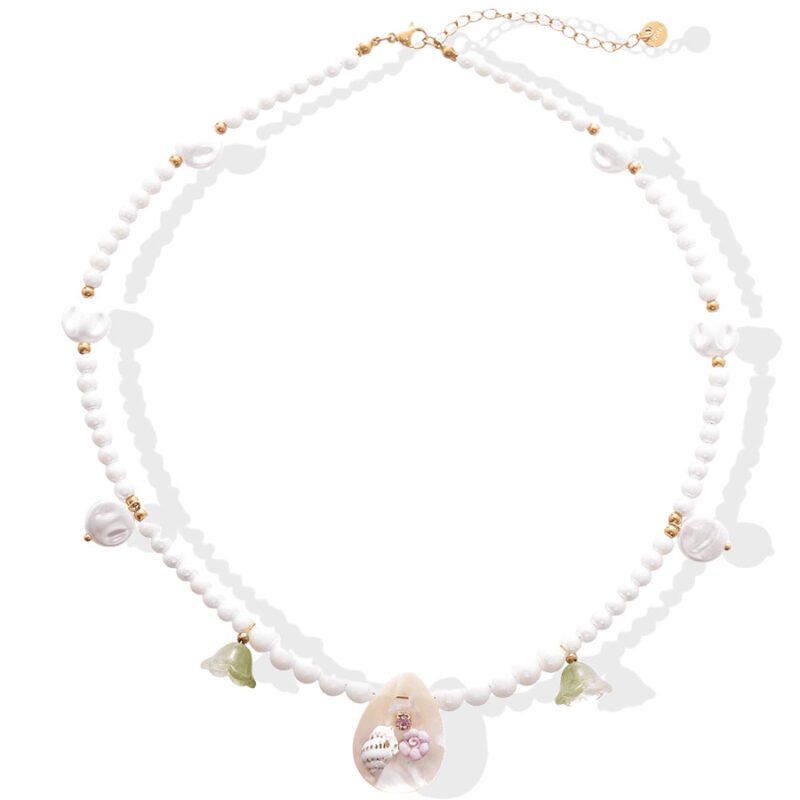 Shell Bloom Pearl Choker Necklace with Flower Zircon Pendant