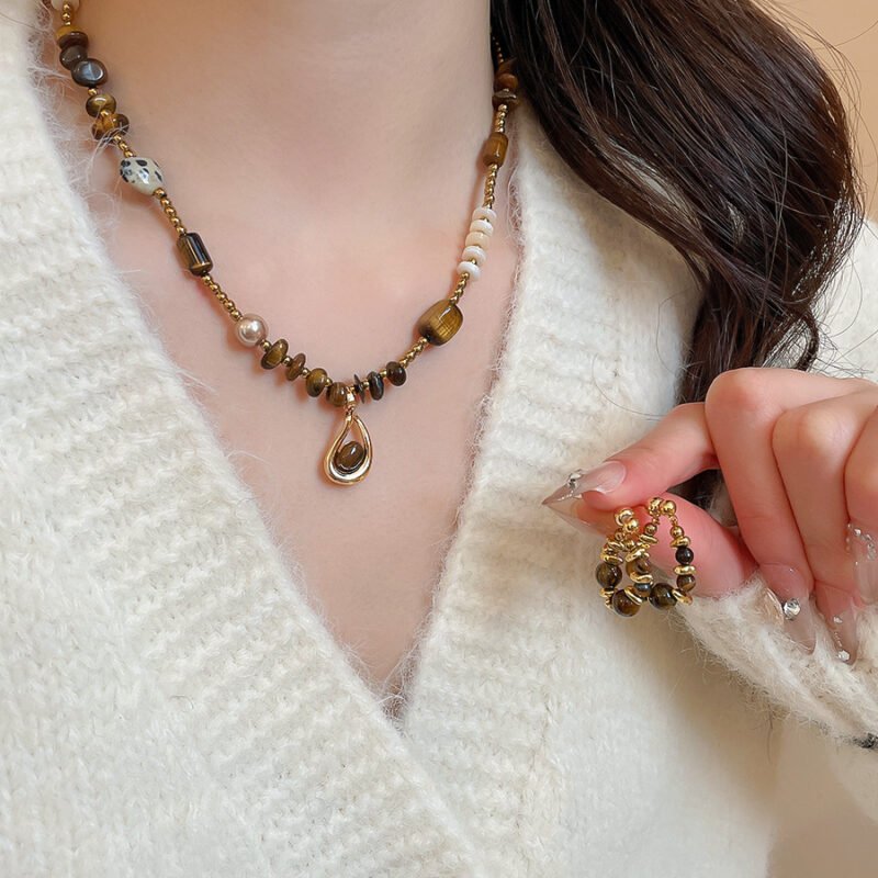 Terra Tiger Eye Drop Pendant Necklace & Hoop Earring Set