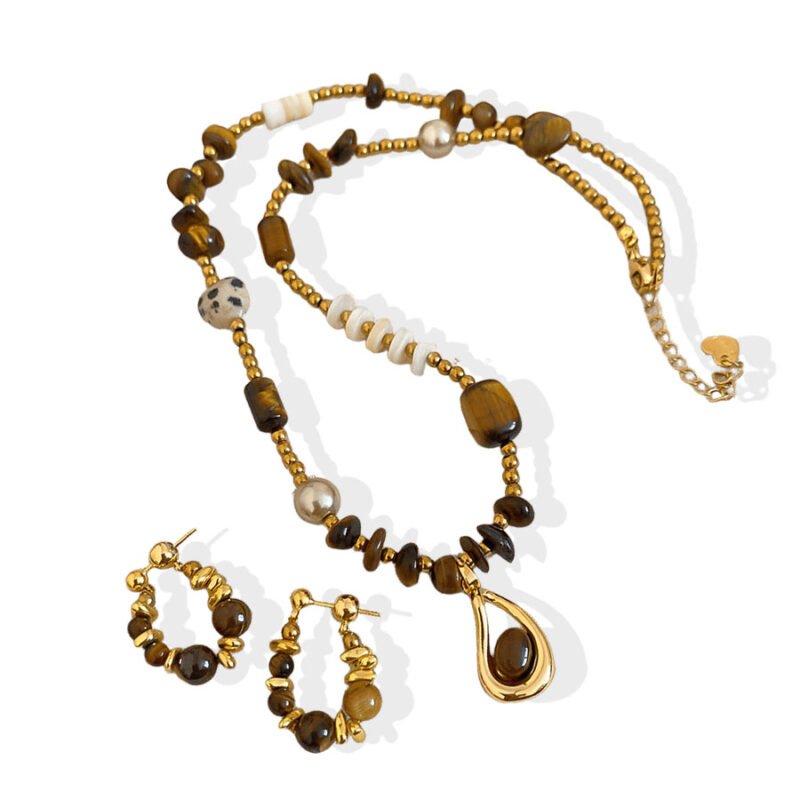 Terra Tiger Eye Drop Pendant Necklace & Hoop Earring Set
