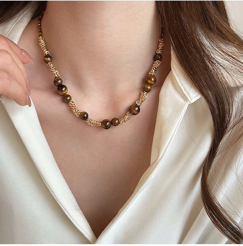 Tiger Eye Byzantine Gold Bead Necklace