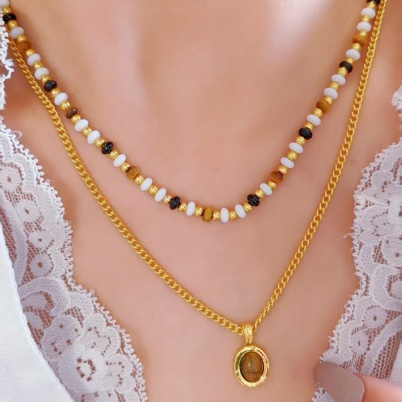 Tiger Eye Oval Pendant Layered Bead Chain Necklace