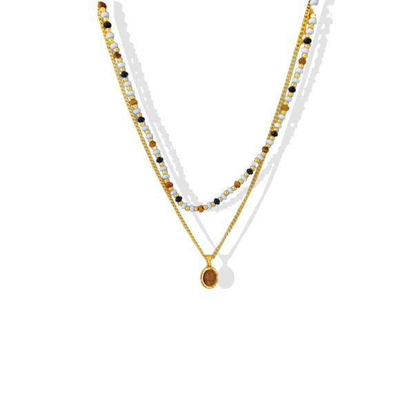 Tiger Eye Oval Pendant Layered Bead Chain Necklace