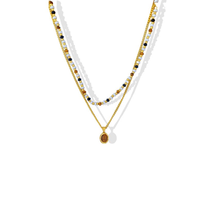 Tiger Eye Oval Pendant Layered Bead Chain Necklace