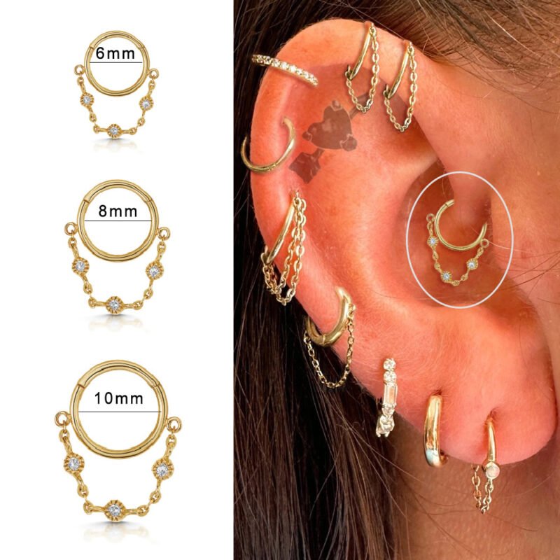 Gold Clicker Hoop with Zircon Chain Cartilage & Nose Ring