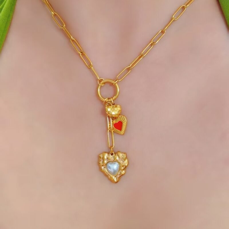 Golden Pearl Heart Multi Charm Necklace