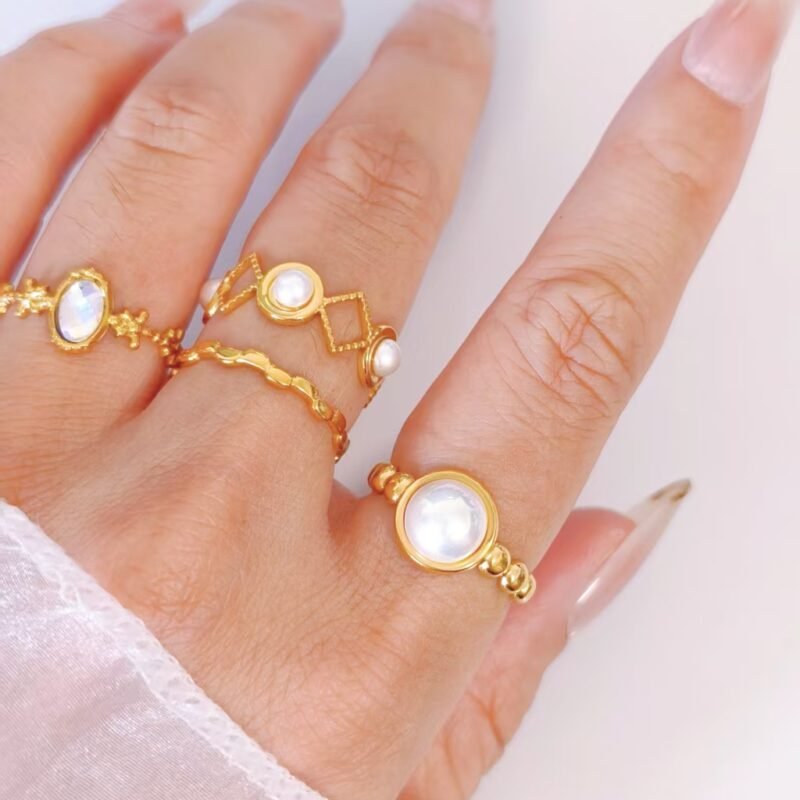 Beaded Band Halo Pearl Bezel Open Ring