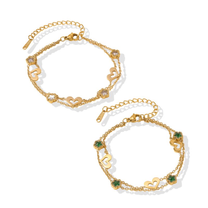 Double Chain Heart & Flower Bracelet