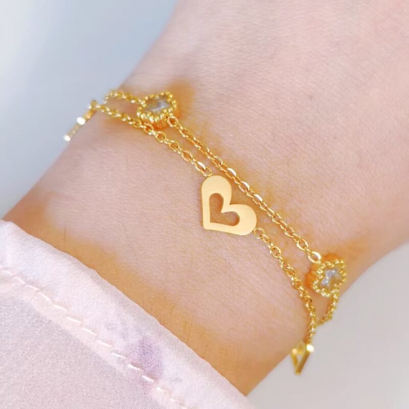 Double Chain Heart & Flower Bracelet