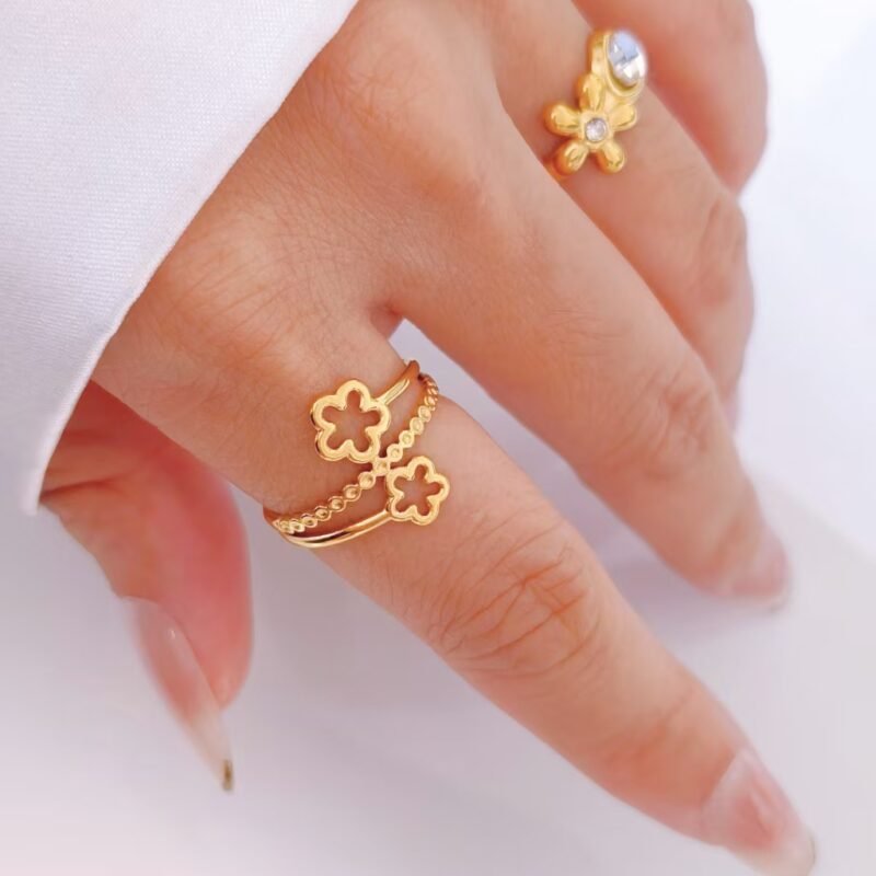 Double Clover Bloom Beaded Bypass Open Ring