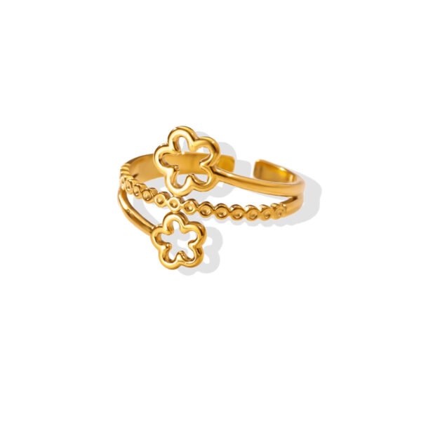 Double Clover Bloom Beaded Bypass Open Ring