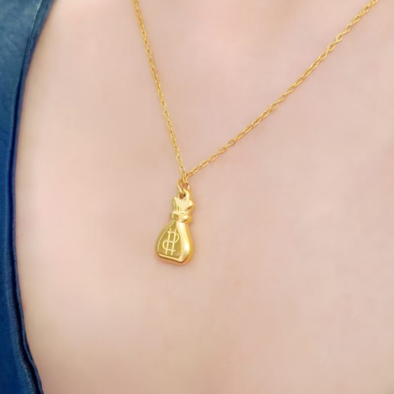 Gold Money Bag Charm Necklace