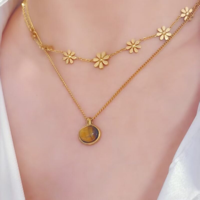 Golden Oval Tiger Eye Pendant Necklace