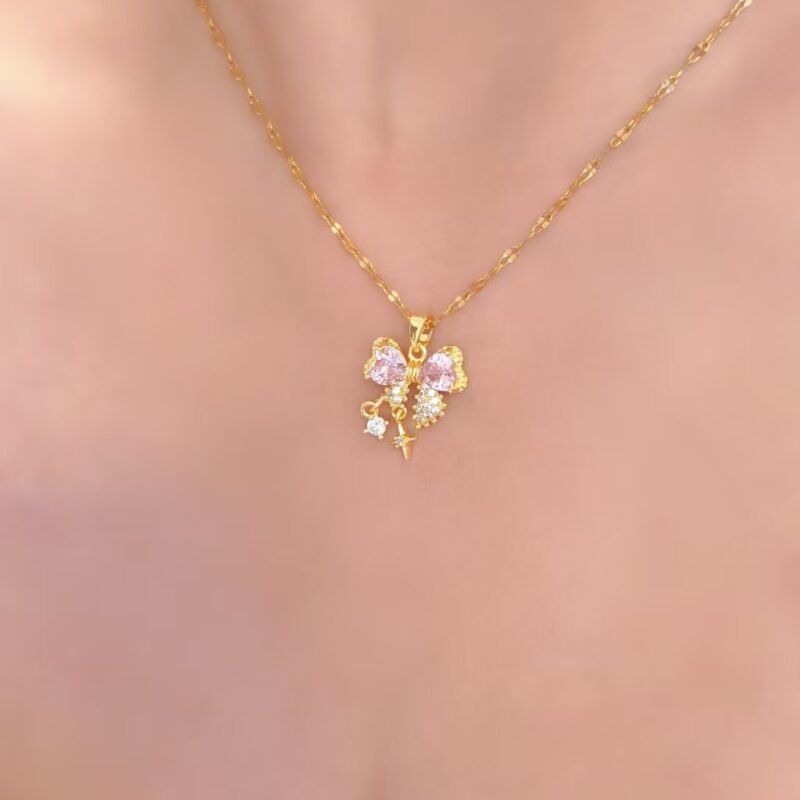 Pink Bow Zircon Pendant Necklace