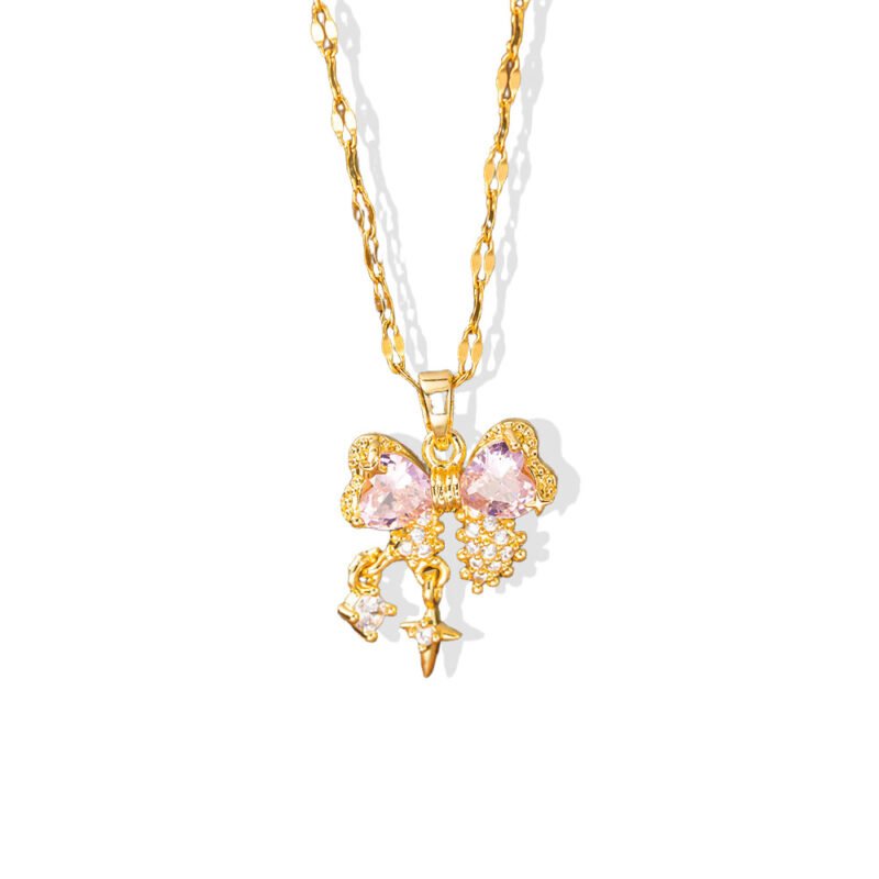 Pink Bow Zircon Pendant Necklace