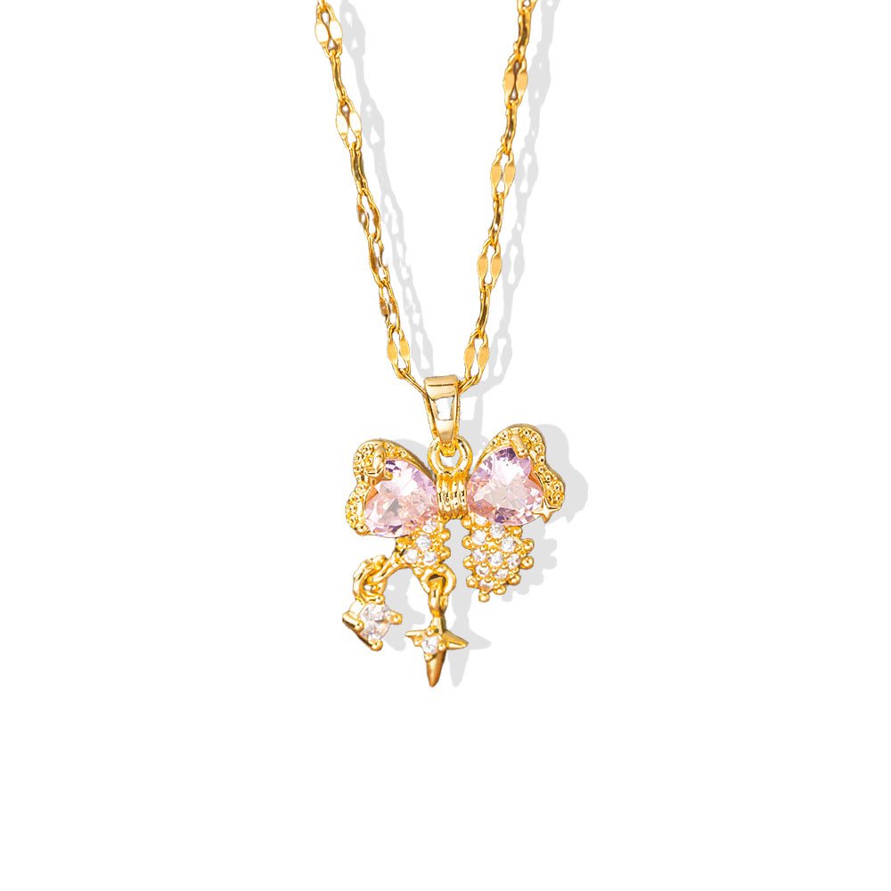 Pink Bow Zircon Pendant Necklace