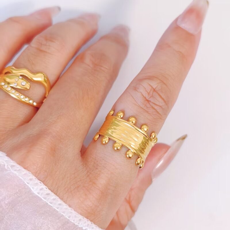 Studded Edge Ribbed Wide Cuff Open Ring
