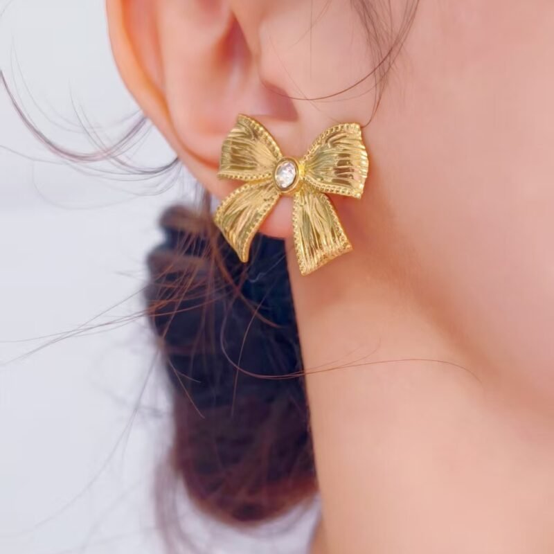 Textured Gold Bow Stud Earrings