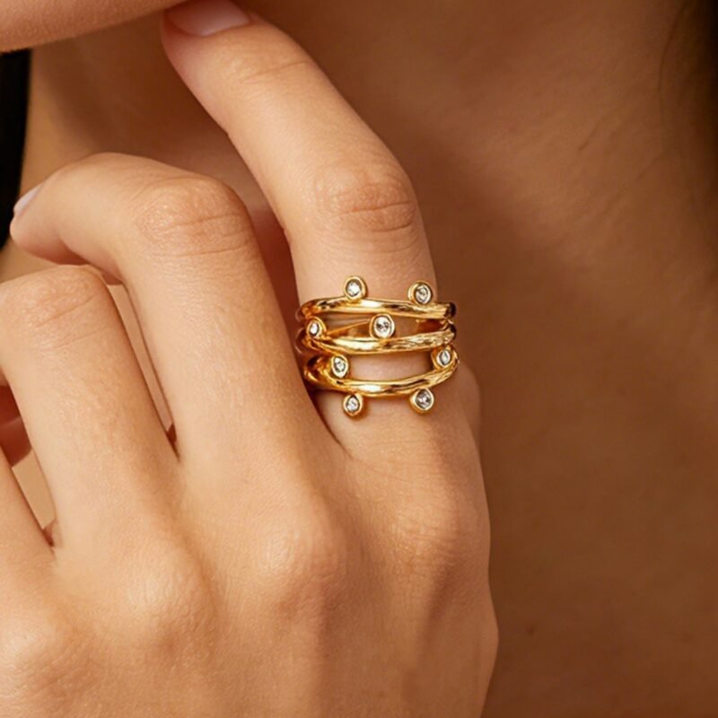 Triple Rattan Wrap Bezel Zircon Wide Band Ring