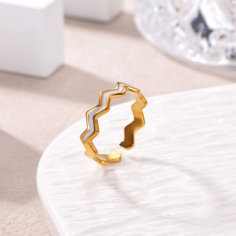 White Enamel Zigzag Wave Cuff Band Open Ring