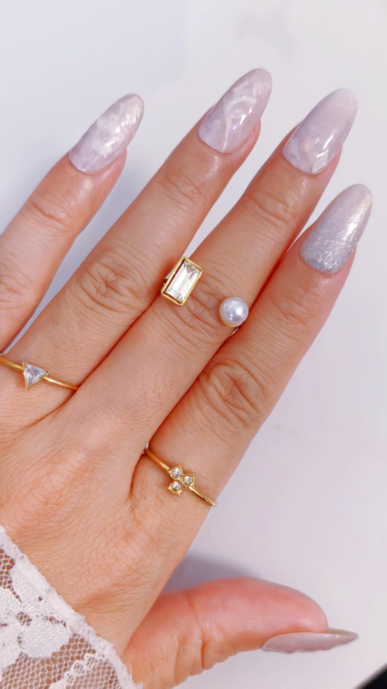 Baguette Zircon & Pearl Duo Open Ring - Image 2
