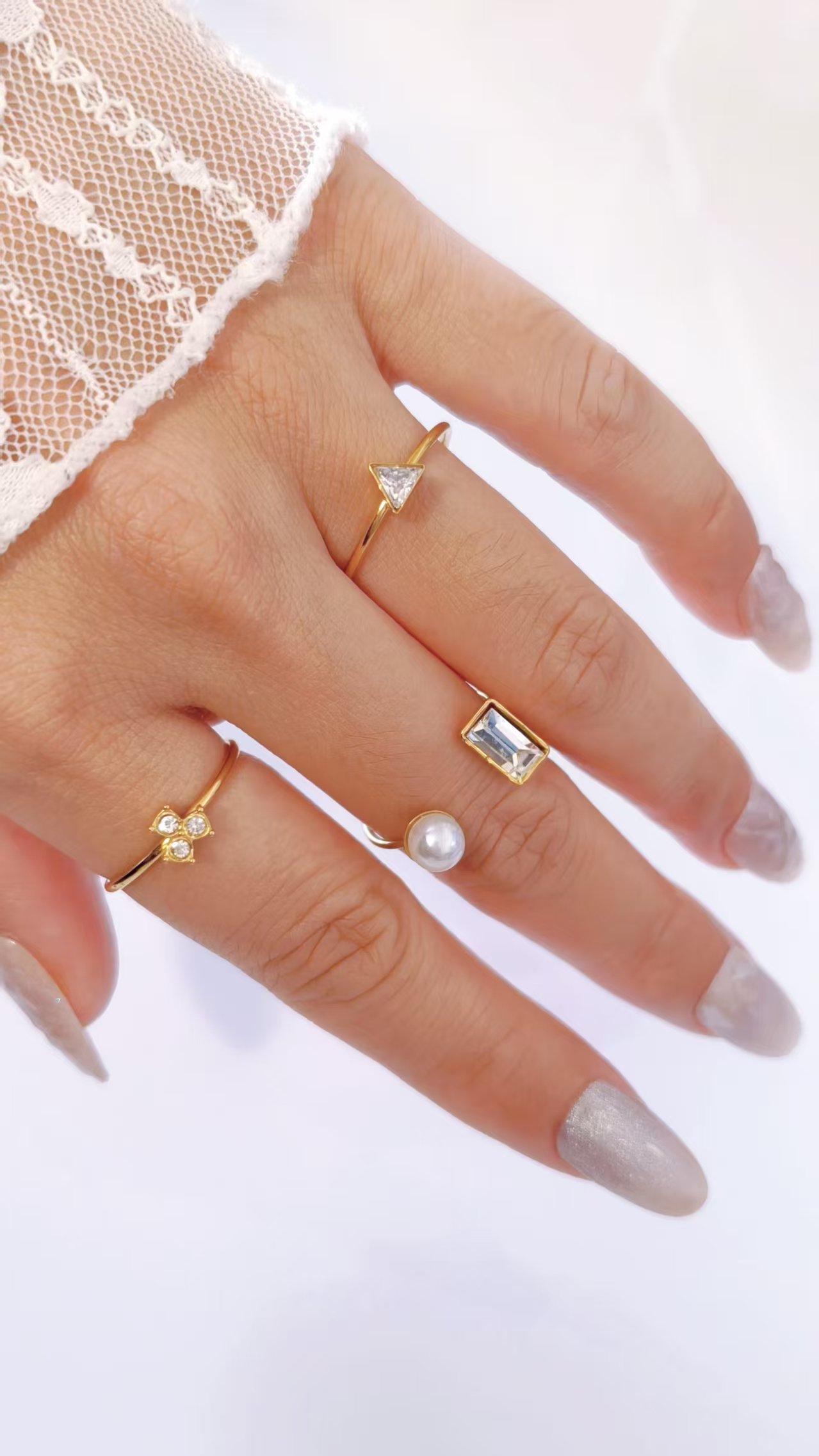 Baguette Zircon & Pearl Duo Open Ring - Image 3