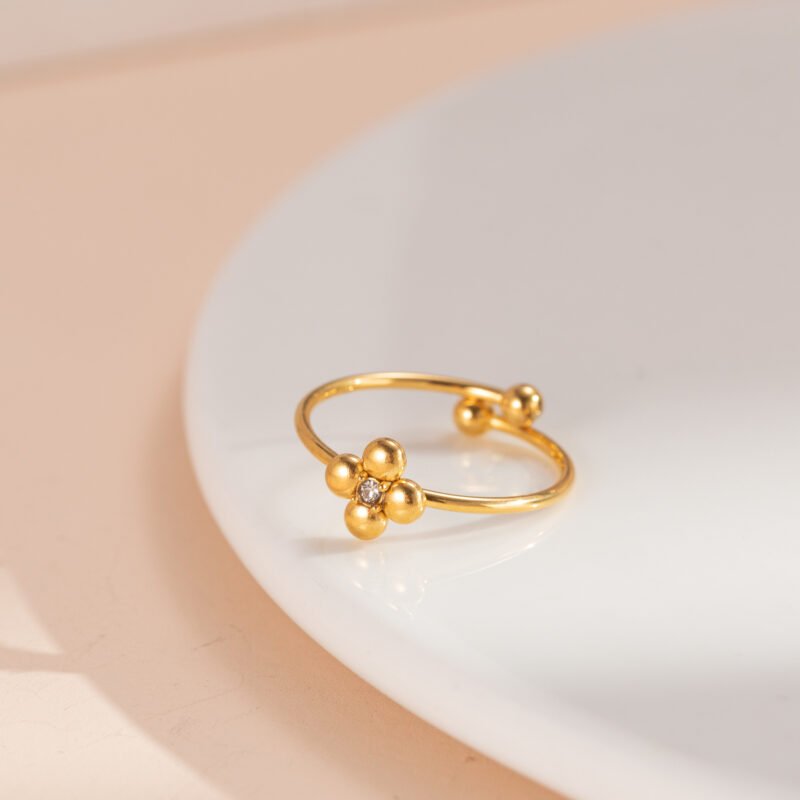 Beaded Clover Zircon Dainty Open Ring
