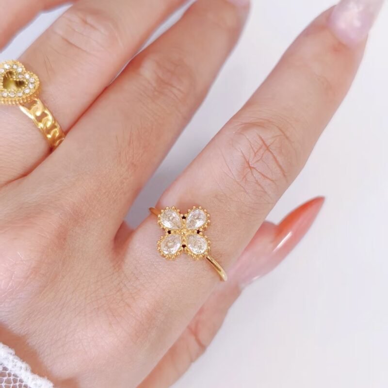 Beaded Frame Clover Zircon Dainty Open Ring
