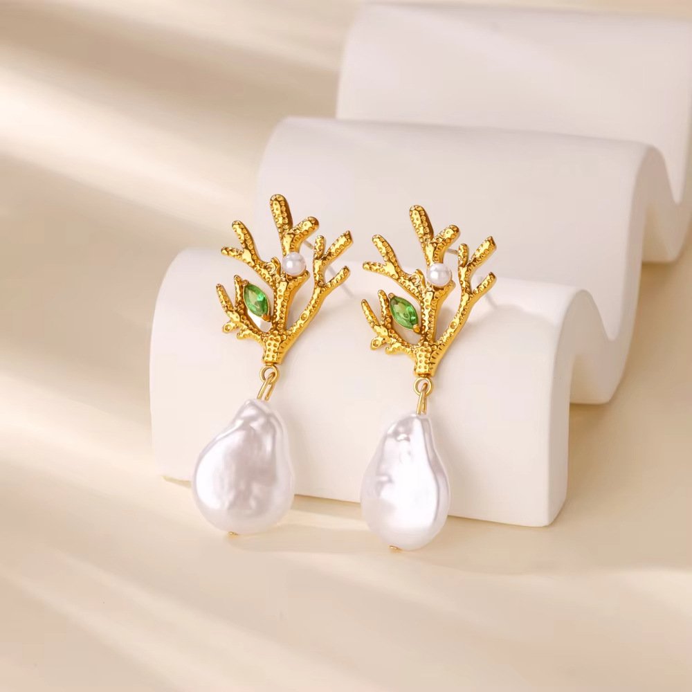 Coral Branch Baroque Pearl Drop Earrings - Image 4