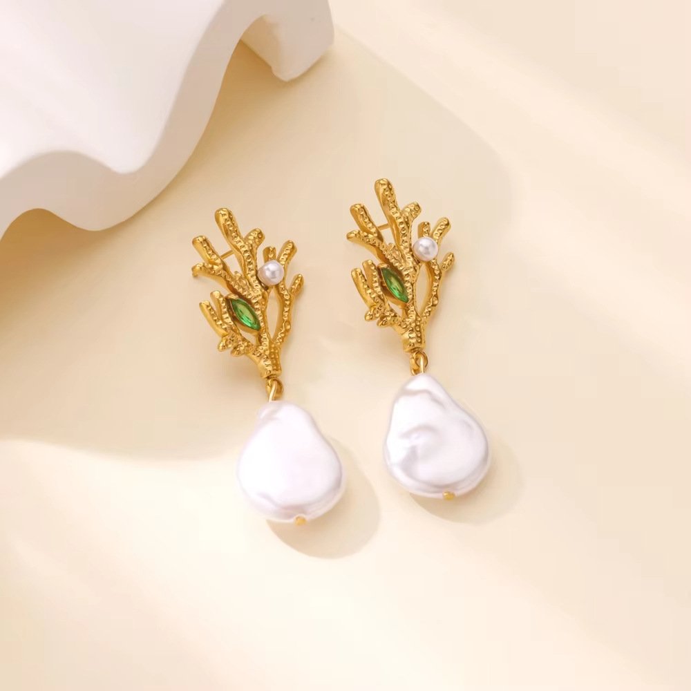 Coral Branch Baroque Pearl Drop Earrings - Image 3