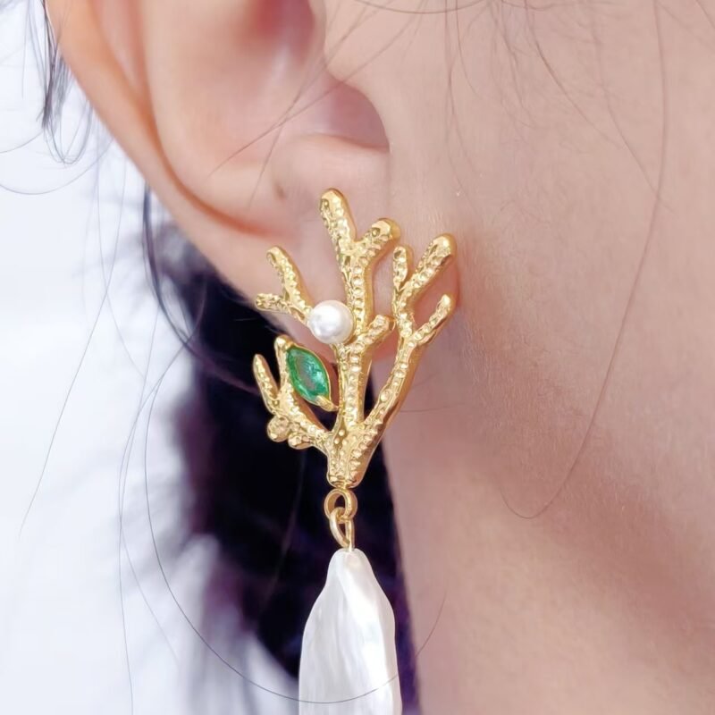 Coral Branch Baroque Pearl Drop Earrings