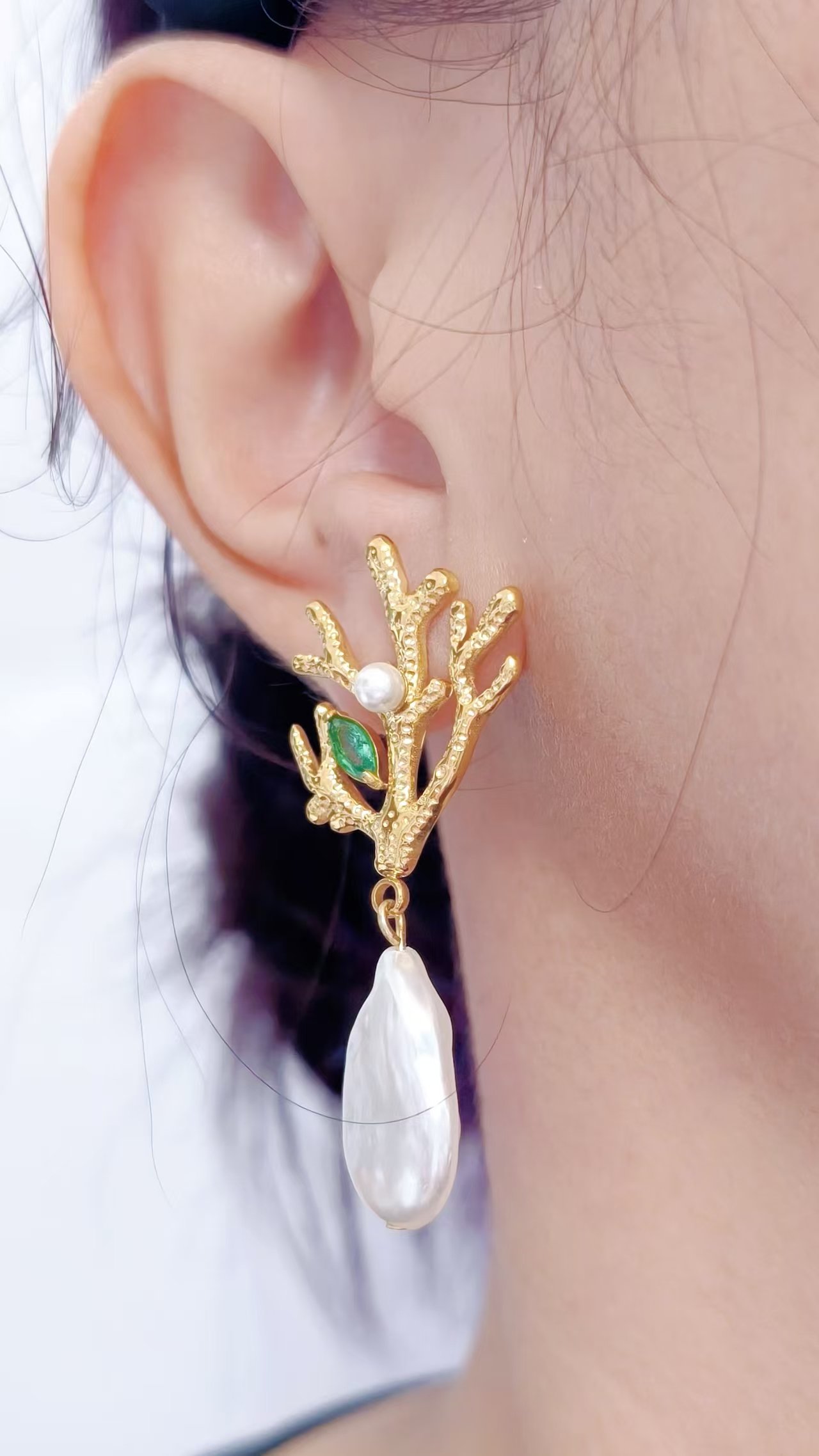 Coral Branch Baroque Pearl Drop Earrings - Image 2