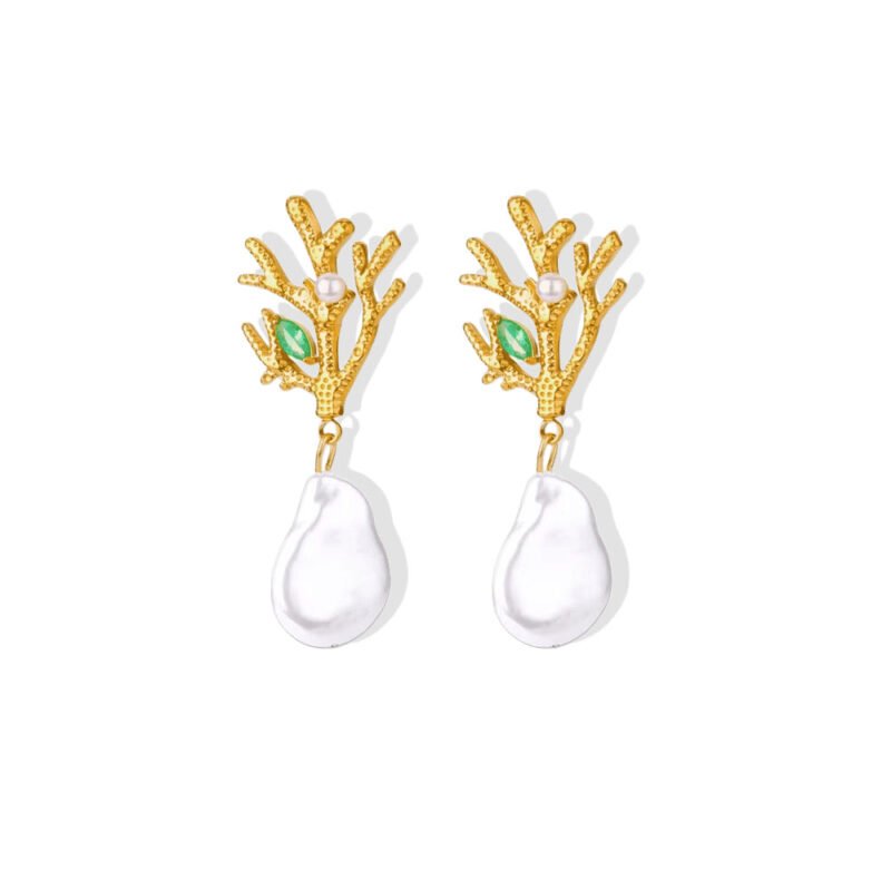 Coral Branch Baroque Pearl Drop Earrings