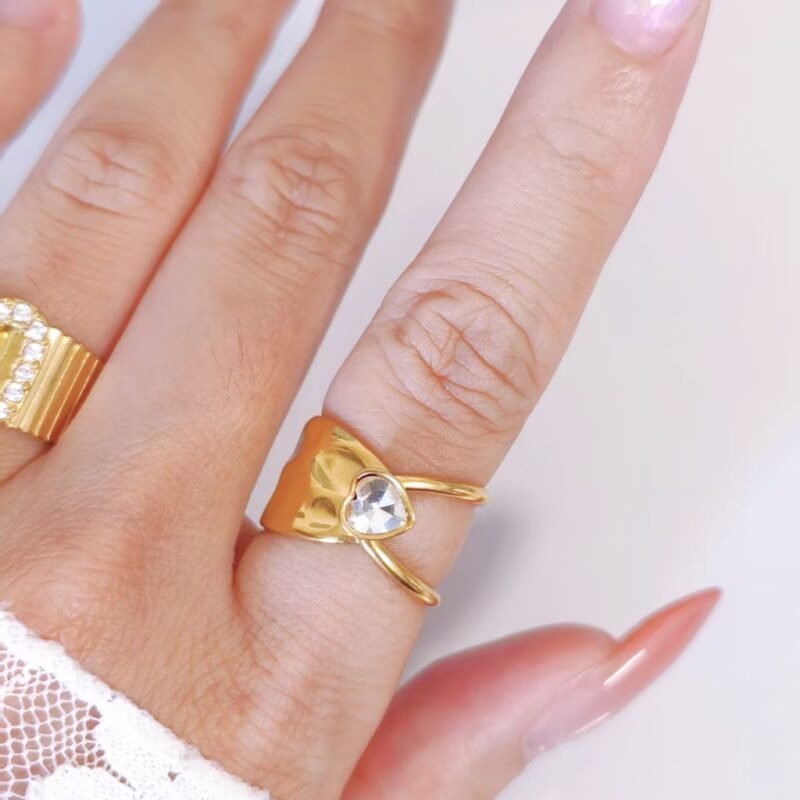 Hammered Heart Bezel Sculptural Open Ring