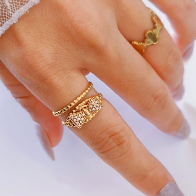 Pavé Bow Beaded Double Band Open Ring