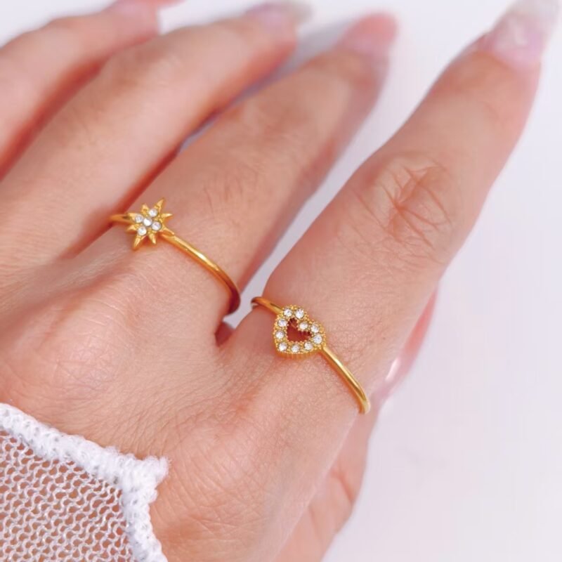 Pavé Heart Beaded Edge Dainty Open Ring