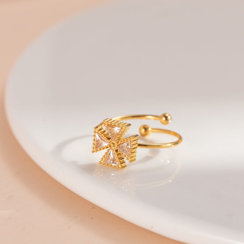 Pinwheel Cross Triangle Zircon Open Ring