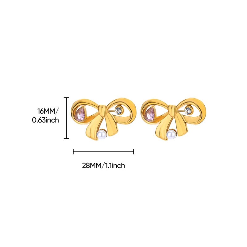 Bow Knot Pink Zircon Pearl Stud Earrings