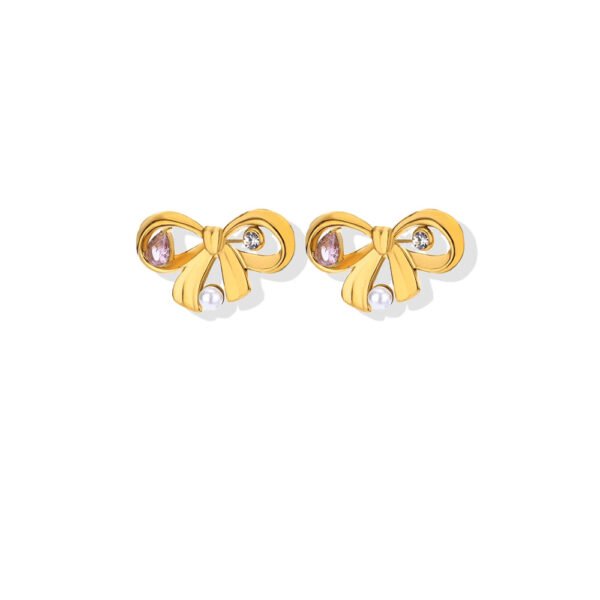 Bow Knot Pink Zircon Pearl Stud Earrings