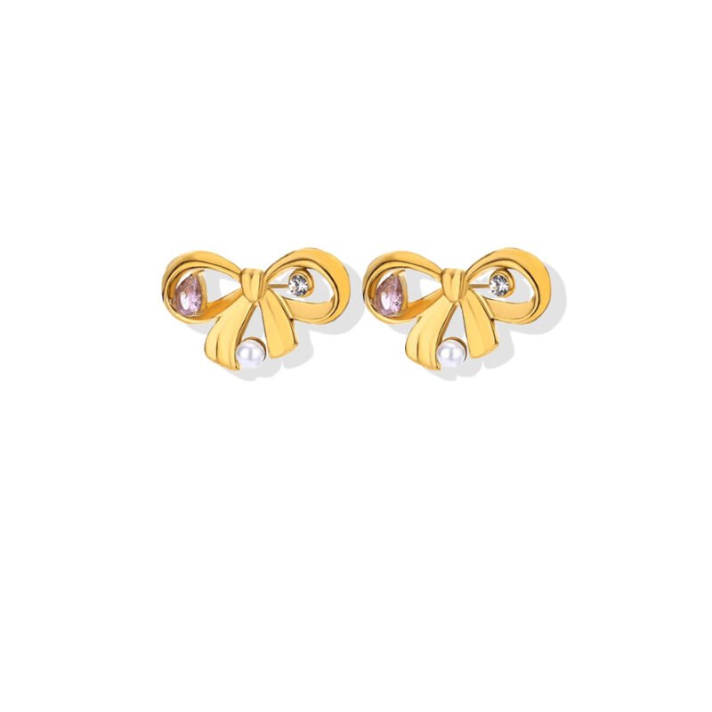 Bow Knot Pink Zircon Pearl Stud Earrings
