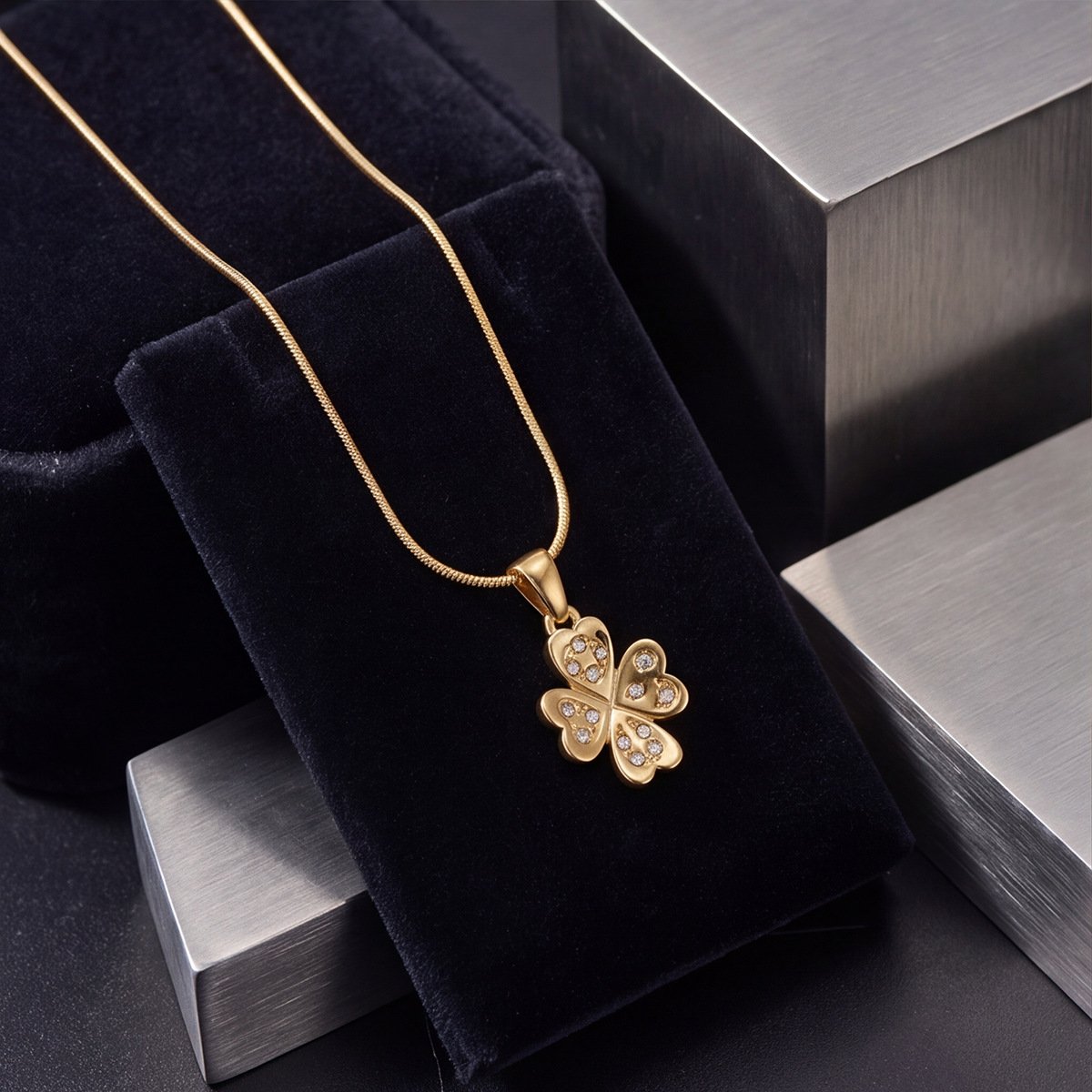 Heart Petal Clover Zircon Snake Chain Necklace - Image 3
