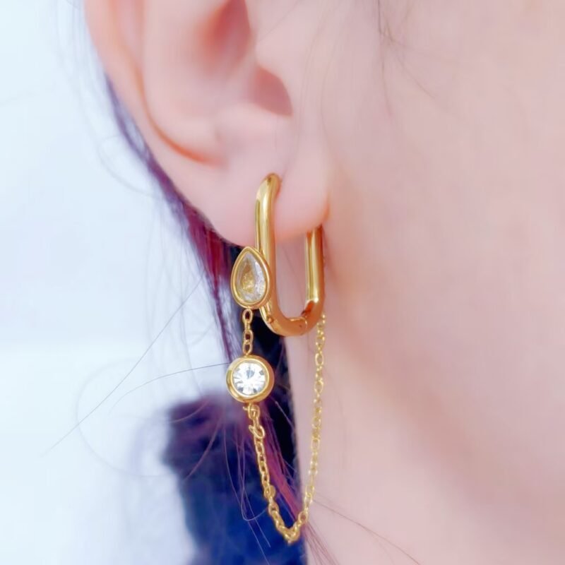 Oval Hoop Zircon Chain Drop Earrings