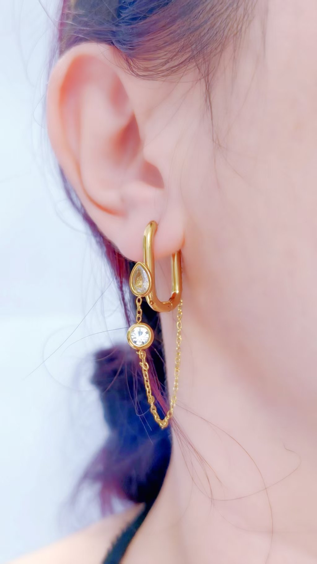 Oval Hoop Zircon Chain Drop Earrings - Image 2