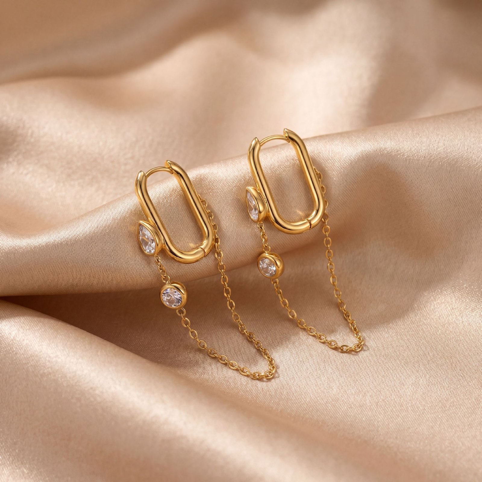 Oval Hoop Zircon Chain Drop Earrings - Image 3