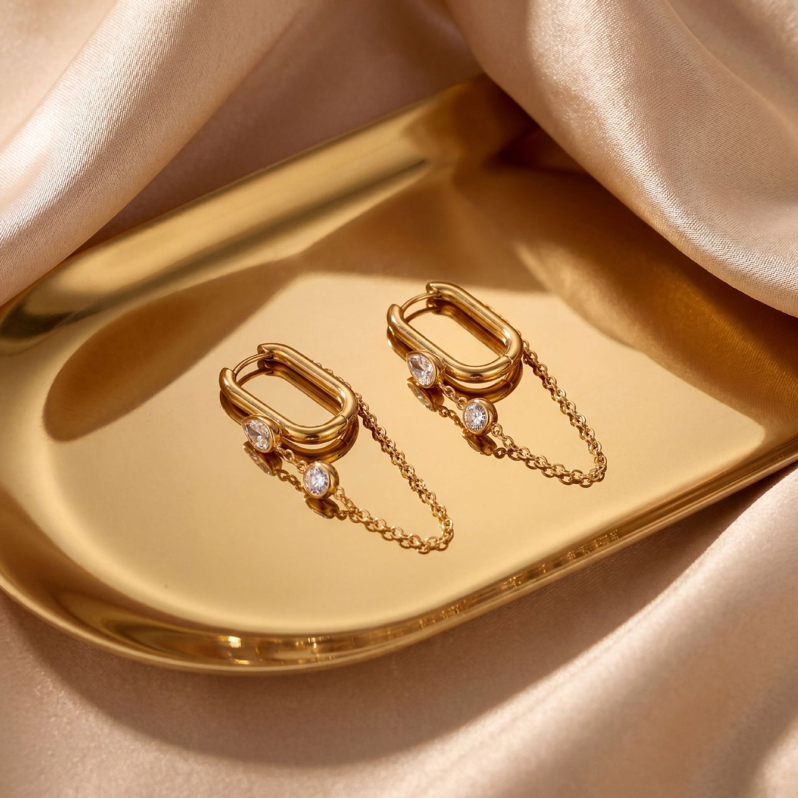 Oval Hoop Zircon Chain Drop Earrings - Image 4
